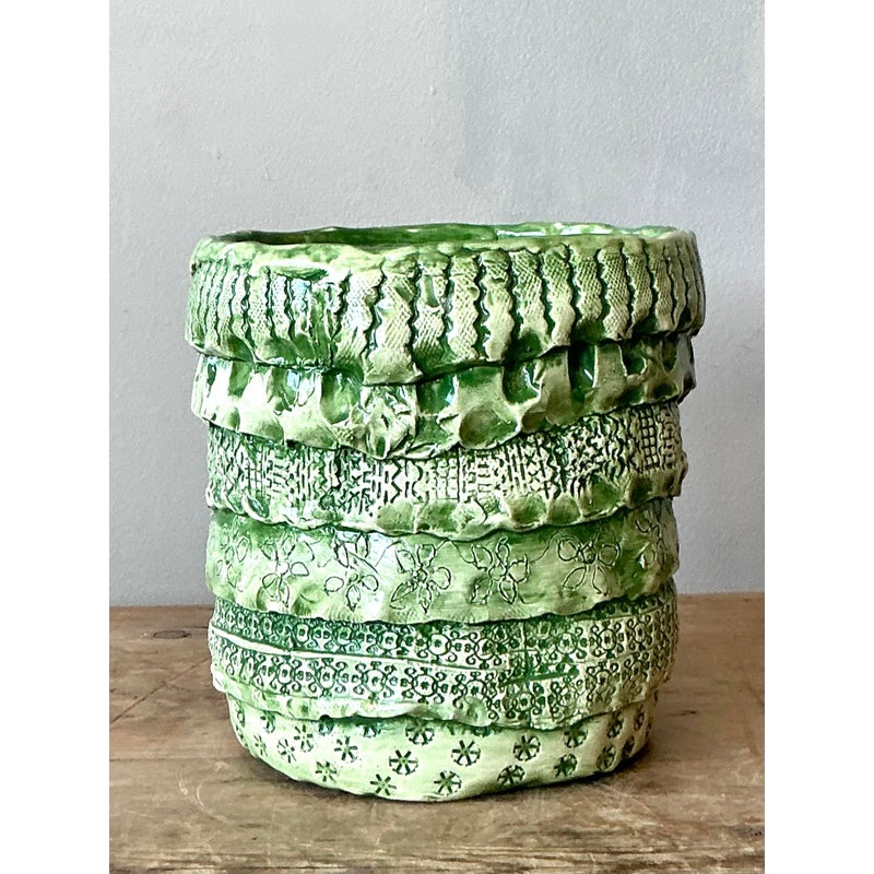 Vintage Boho Slab Built Studio Pottery Cache Pot - Detail view