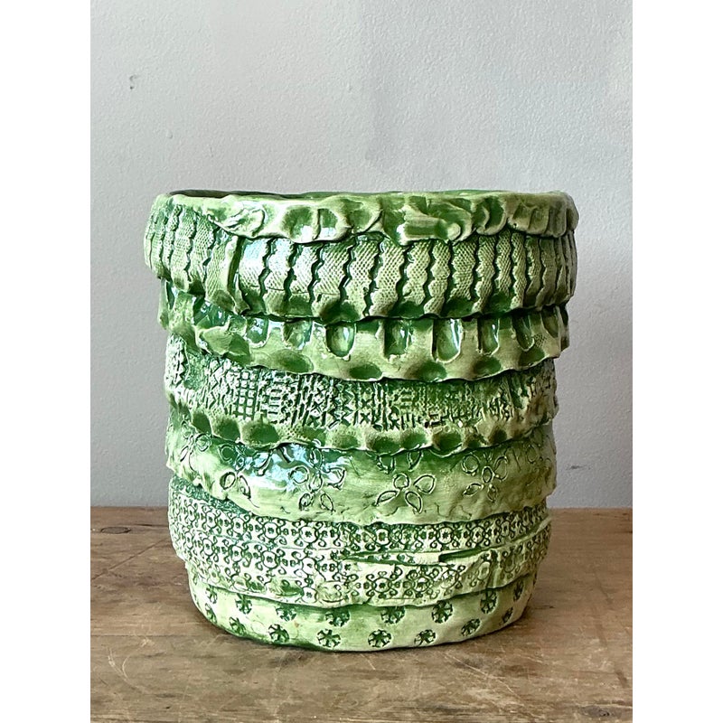 Vintage Boho Slab Built Studio Pottery Cache Pot - Back view