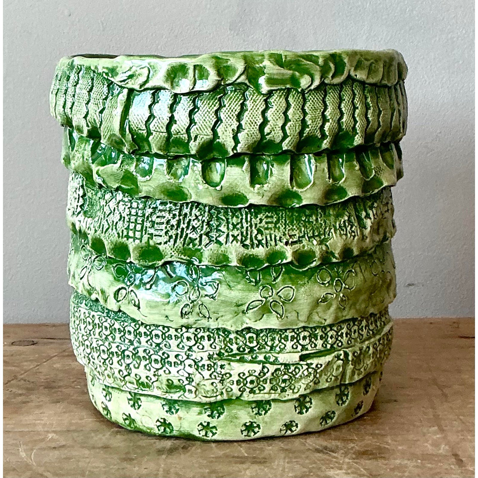 Vintage Boho Slab Built Studio Pottery Cache Pot - Top view