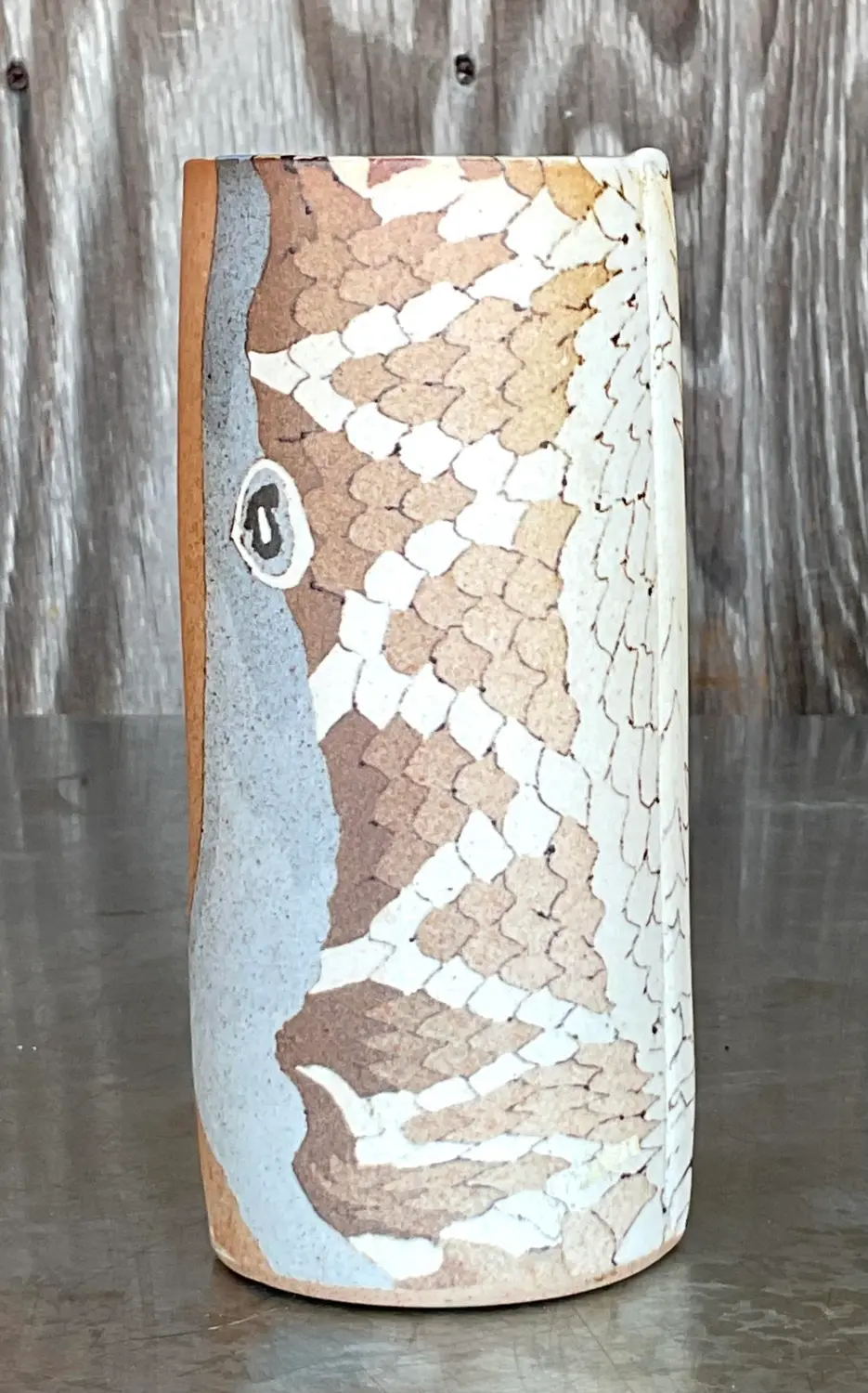 Vintage Boho Slab Built Studio Pottery Vase - Side view