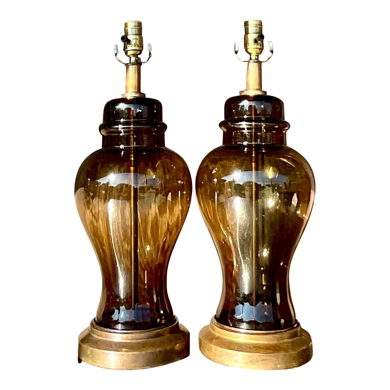 Vintage Boho Smoked Glass Ginger Jar Lamps - a Pair