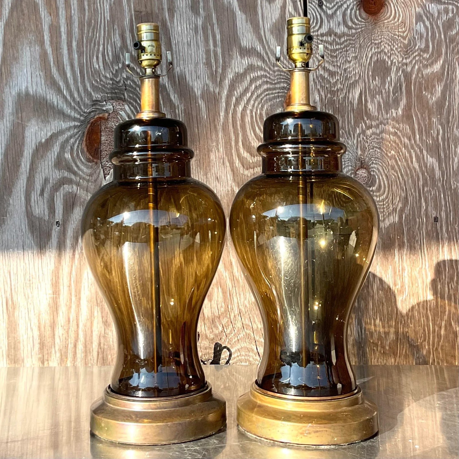 Vintage Boho Smoked Glass Ginger Jar Lamps - a Pair - Detail view