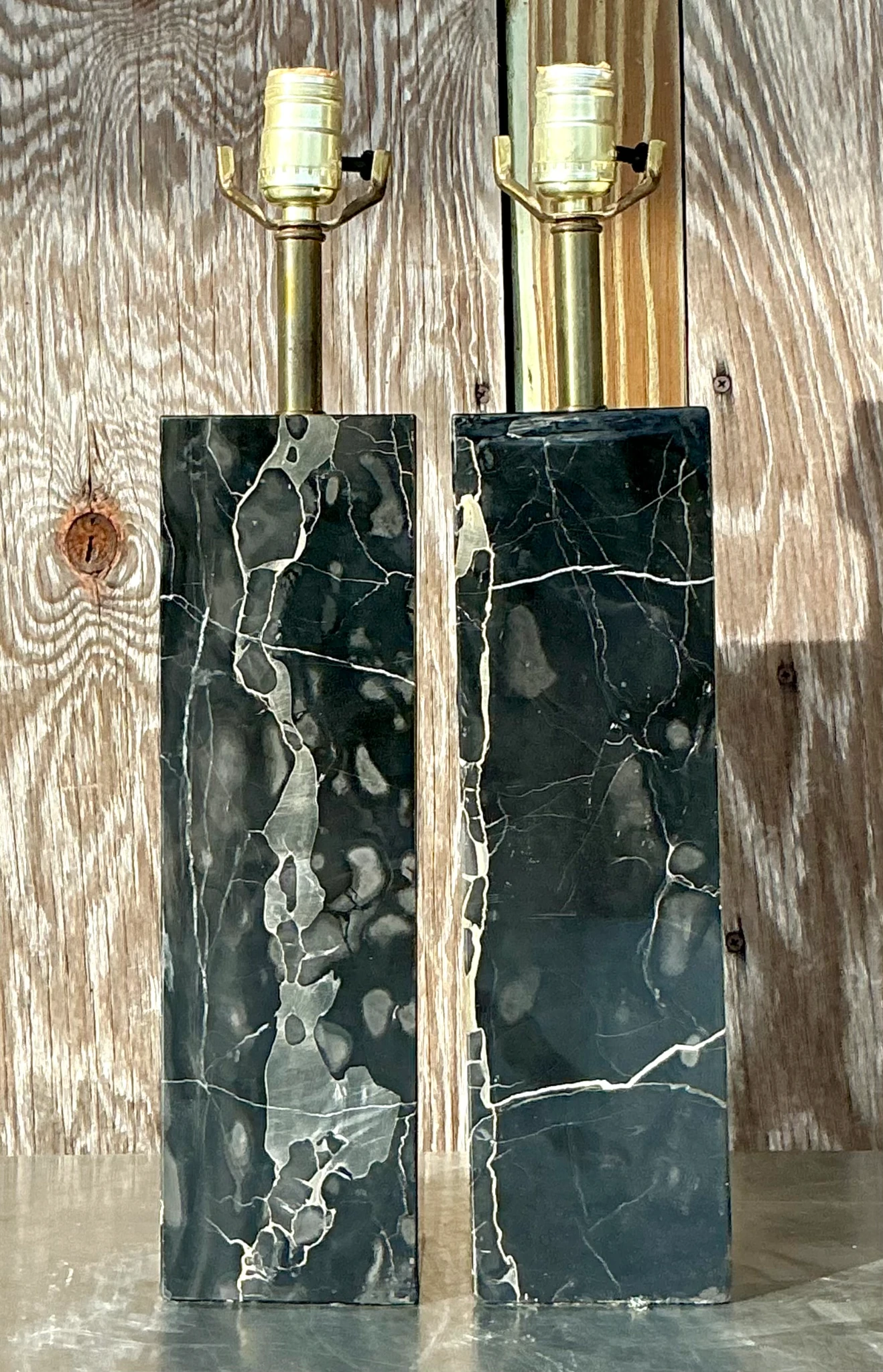Vintage Boho Solid Black Marble Lamps - a Pair - Side view