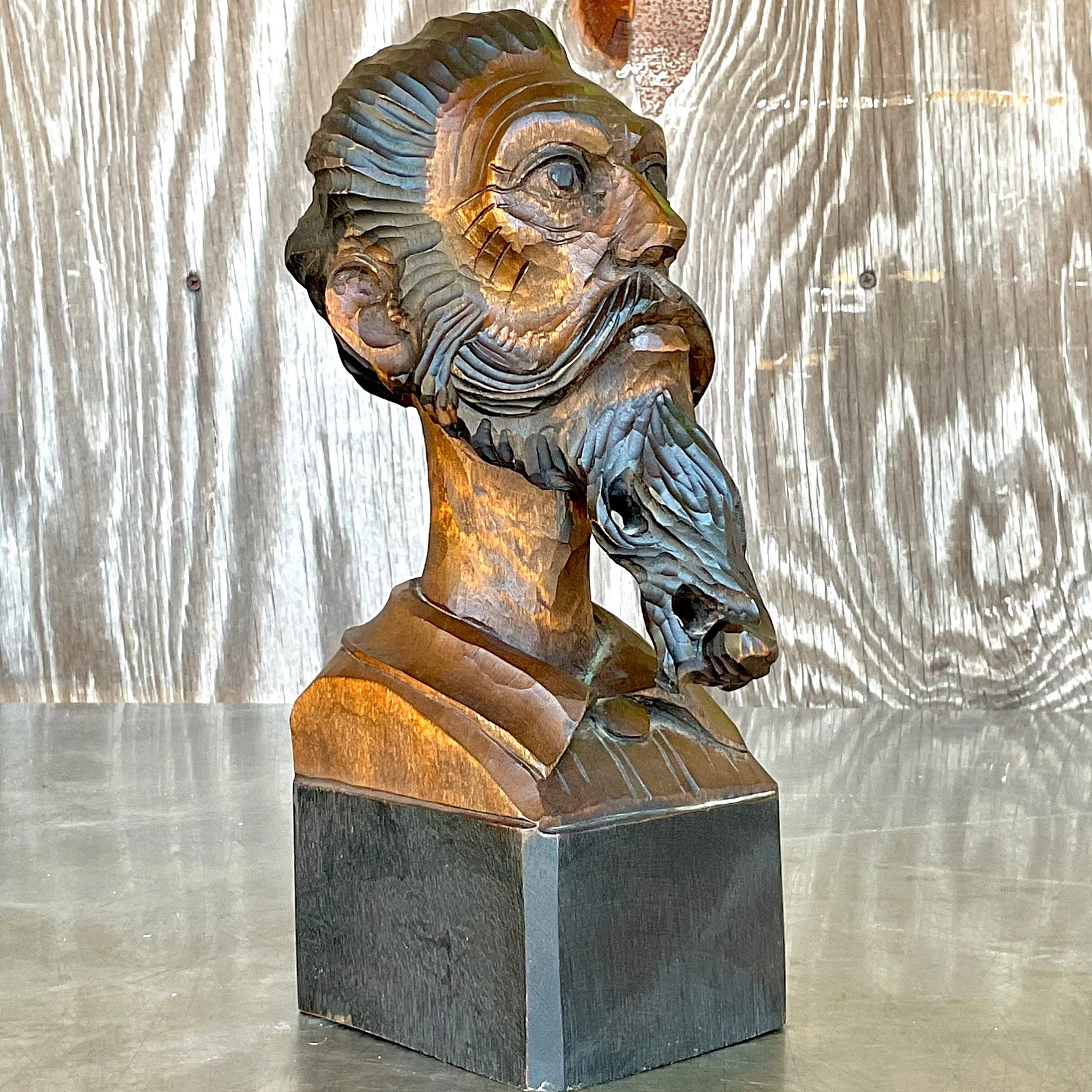 Vintage Boho Spanish Carved Bust of Man - Side view