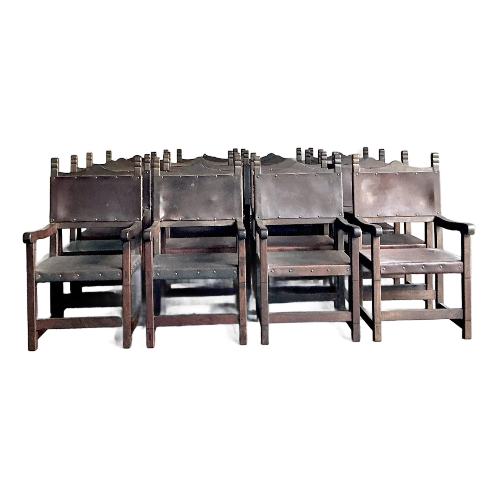 Vintage Boho Spanish Hand Crafted Leather Dining Chairs - Set of 16 - Detail view