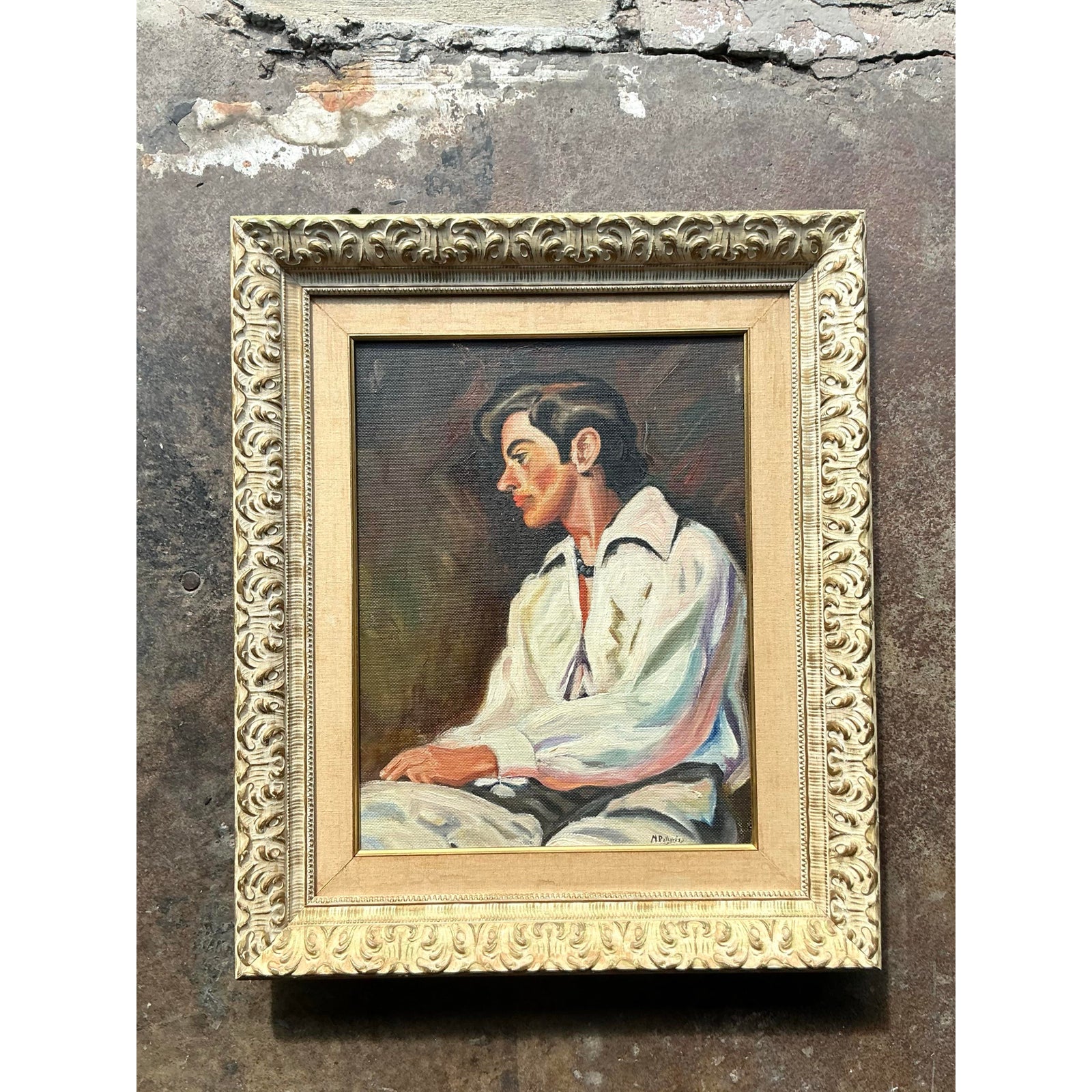 Vintage Boho Spanish Original Oil Portrait of Man - Detail view