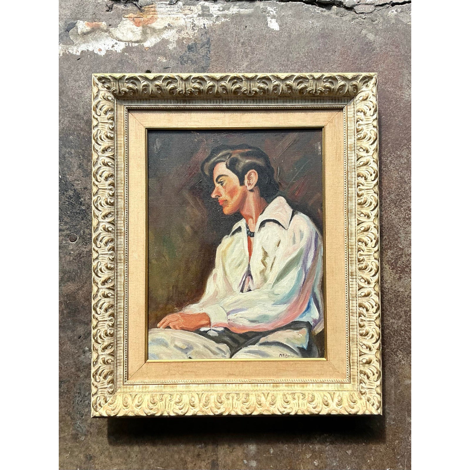 Vintage Boho Spanish Original Oil Portrait of Man - Top view