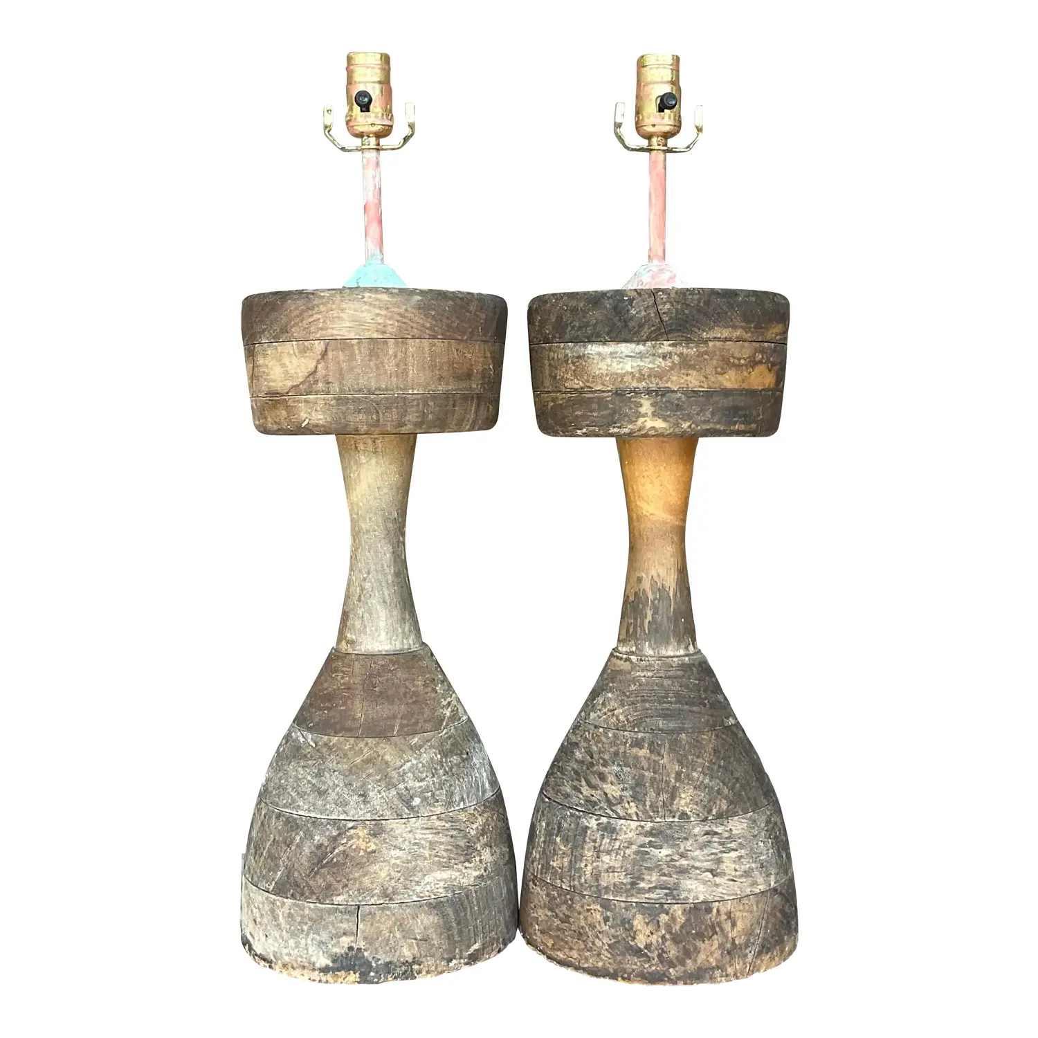 Vintage Boho Stacked Distressed Wood Lamps - a Pair