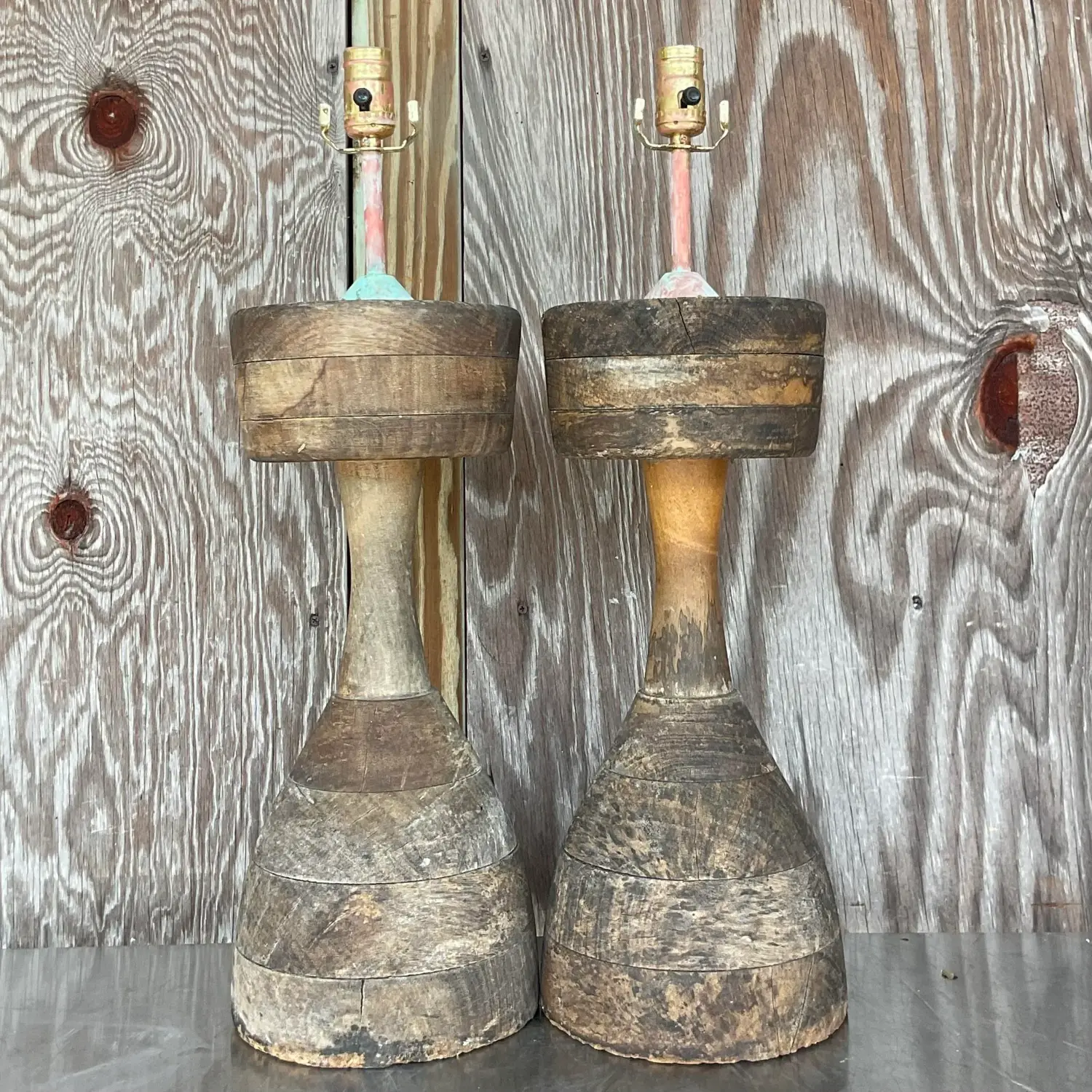 Vintage Boho Stacked Distressed Wood Lamps - a Pair - Detail view