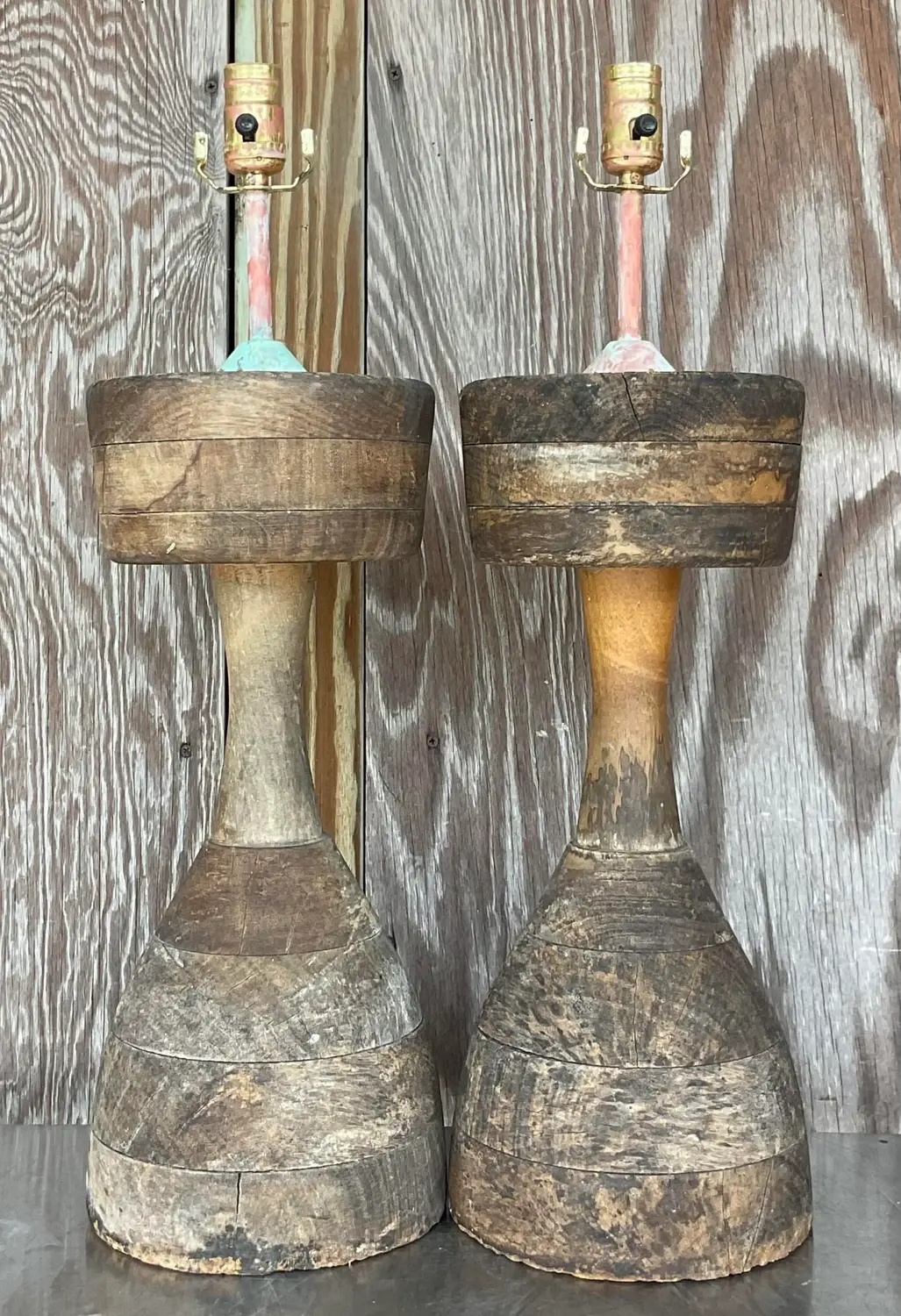 Vintage Boho Stacked Distressed Wood Lamps - a Pair - Side view