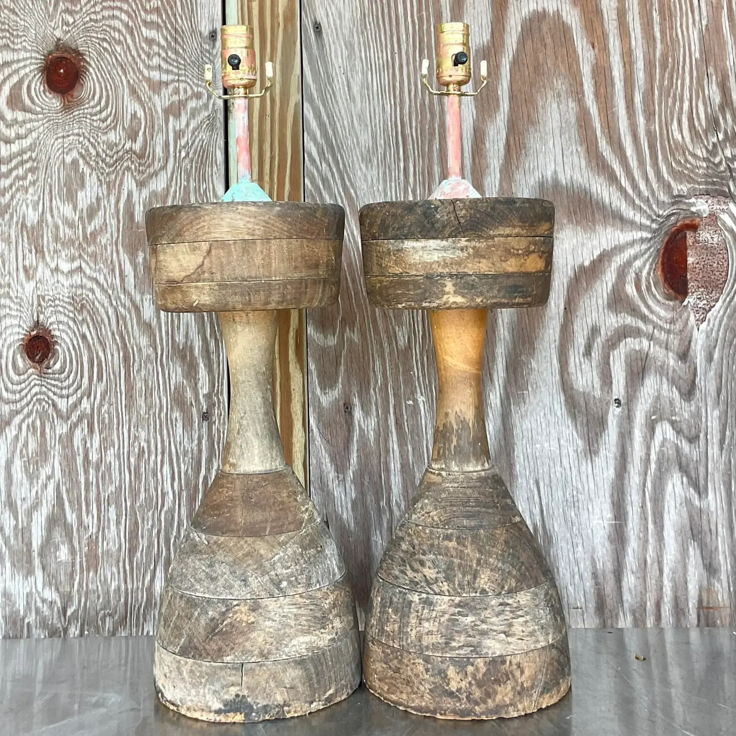 Vintage Boho Stacked Distressed Wood Lamps - a Pair - Back view