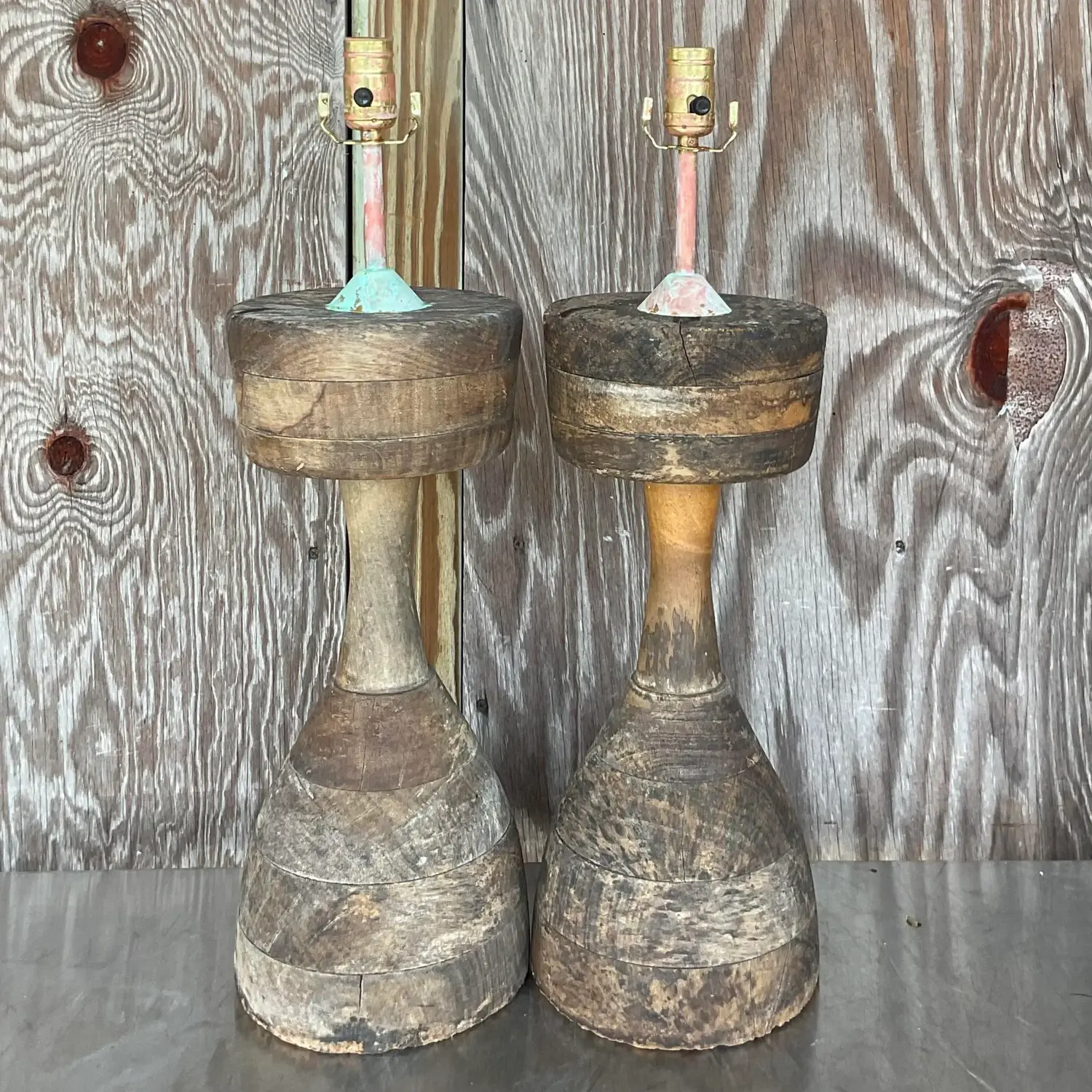 Vintage Boho Stacked Distressed Wood Lamps - a Pair - Top view
