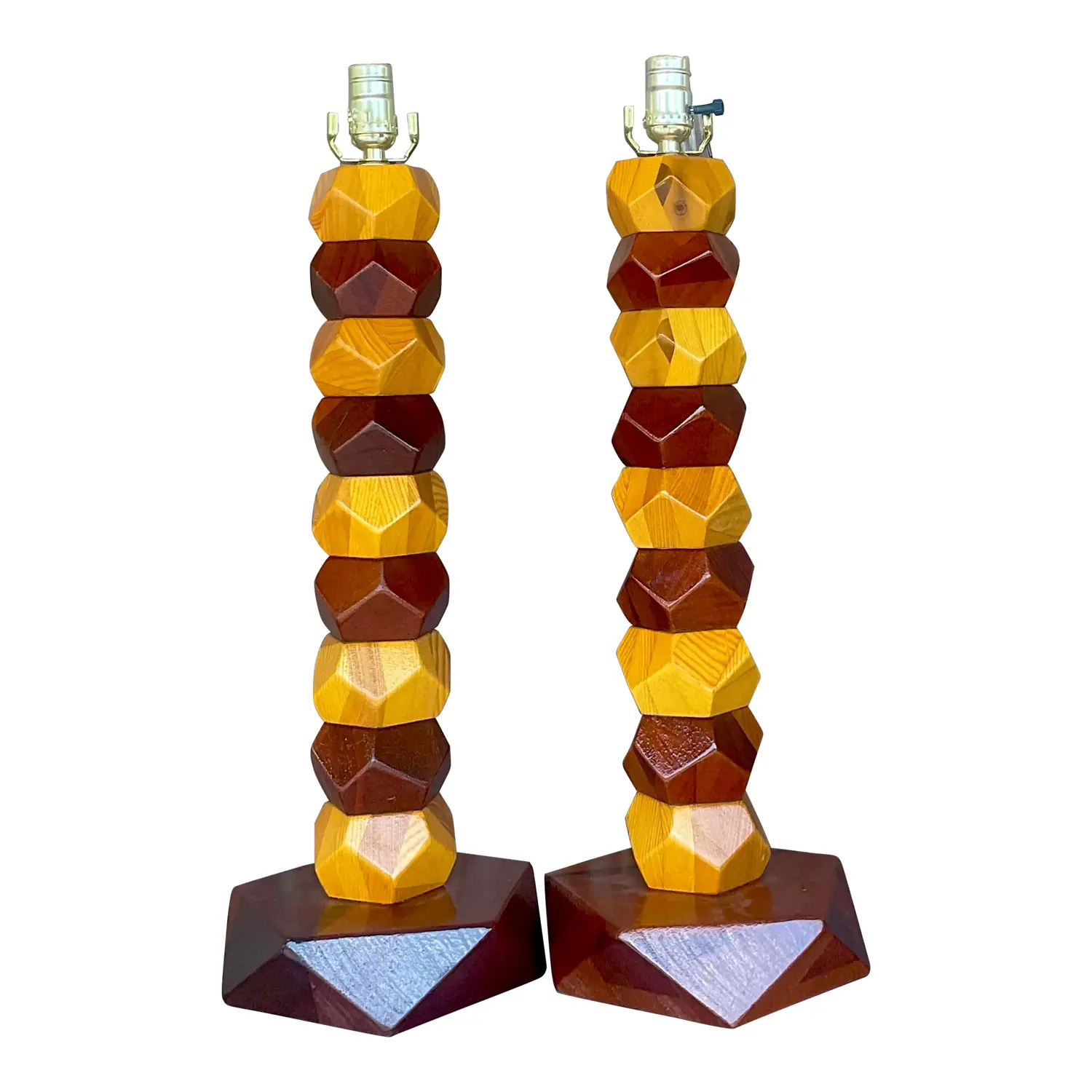 Vintage Boho Stacked Faceted Wood Block Lamps - a Pair