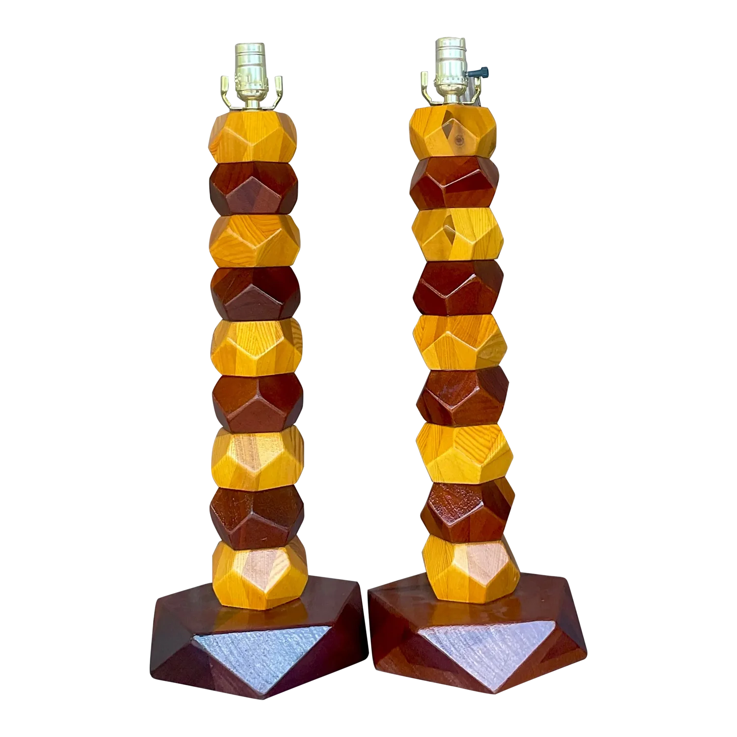Vintage Boho Stacked Faceted Wood Block Lamps - a Pair - Detail view