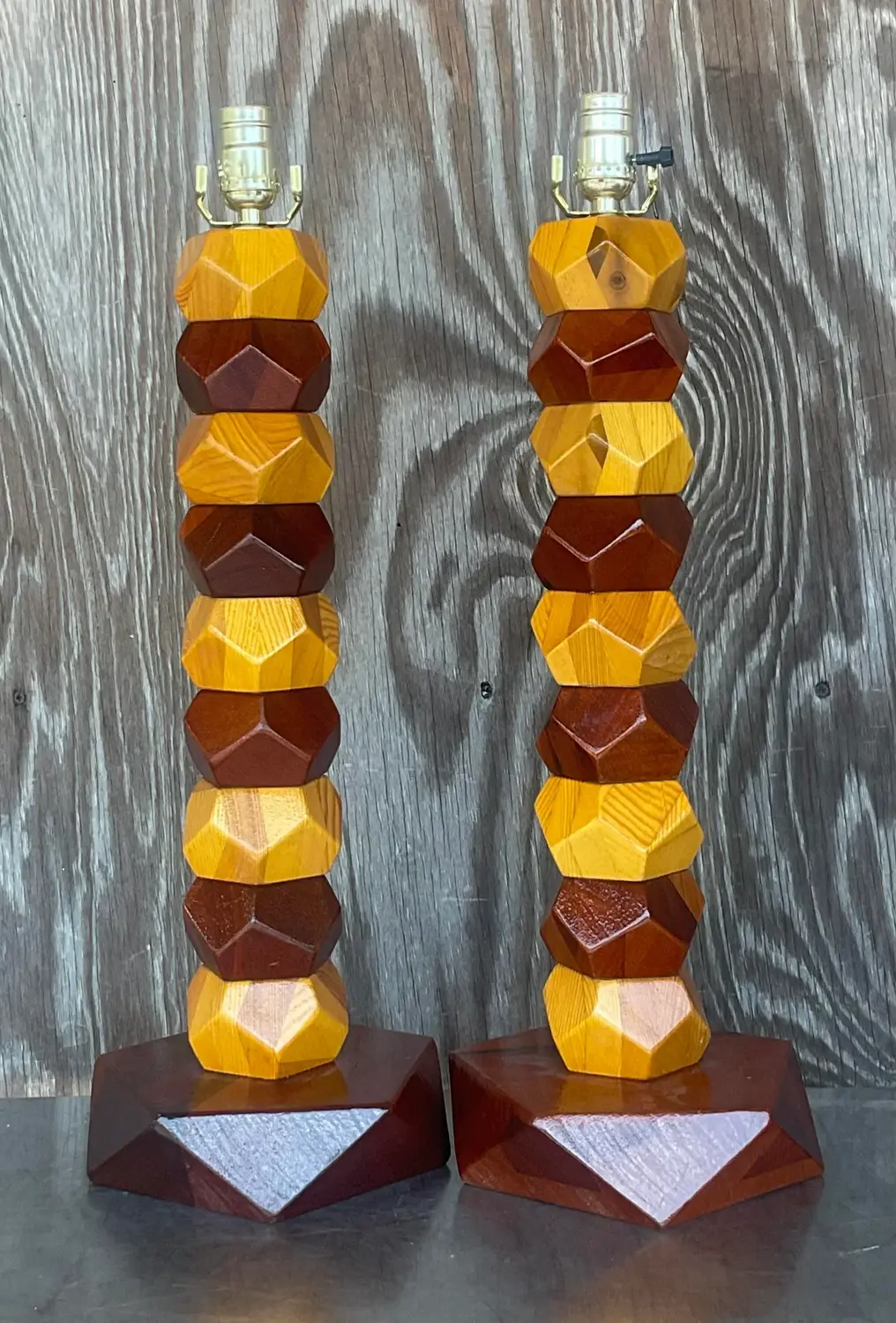 Vintage Boho Stacked Faceted Wood Block Lamps - a Pair - Side view