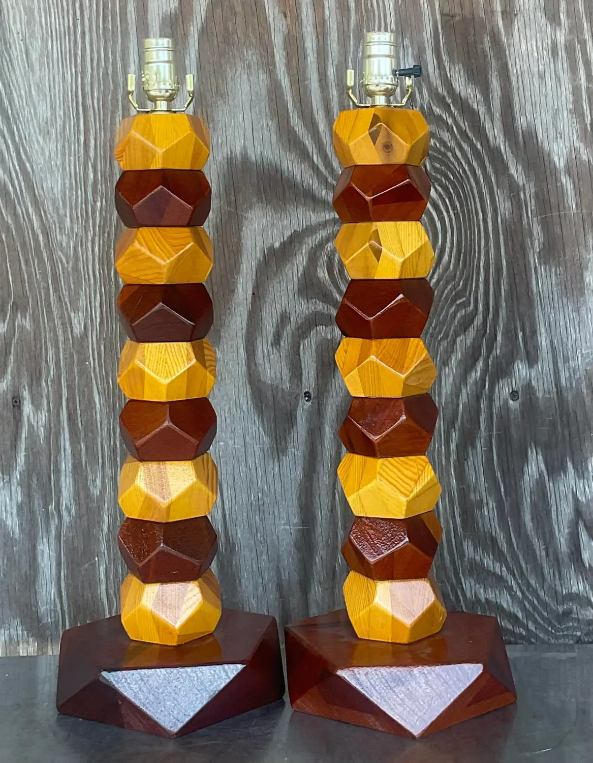 Vintage Boho Stacked Faceted Wood Block Lamps - a Pair - Top view