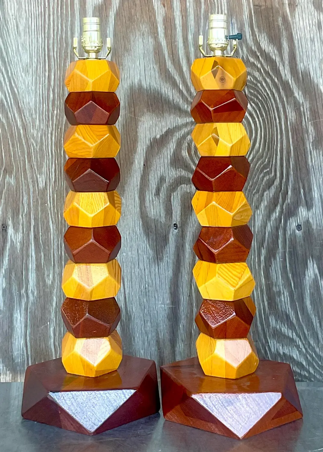 Vintage Boho Stacked Faceted Wood Block Lamps - a Pair - Back view