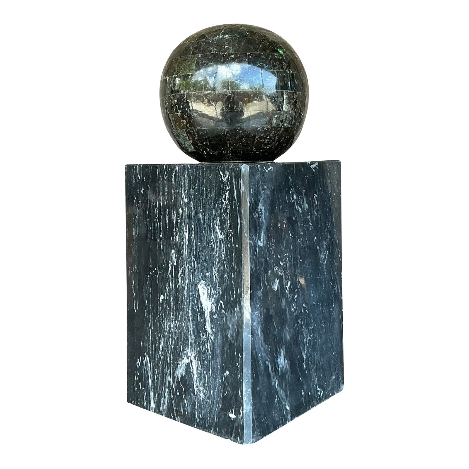Vintage Boho Stacked Stone and Marble Geometric Sphere Sculpture - Detail view