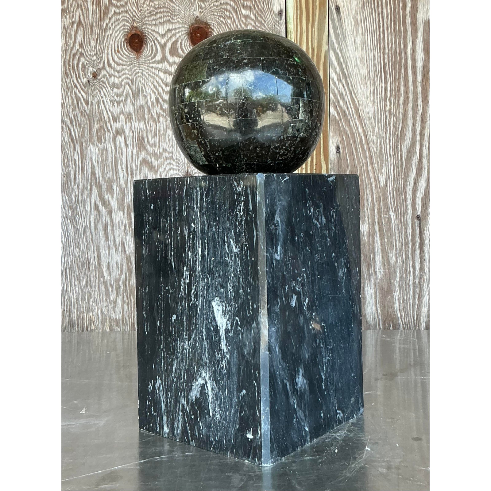 Vintage Boho Stacked Stone and Marble Geometric Sphere Sculpture - Side view