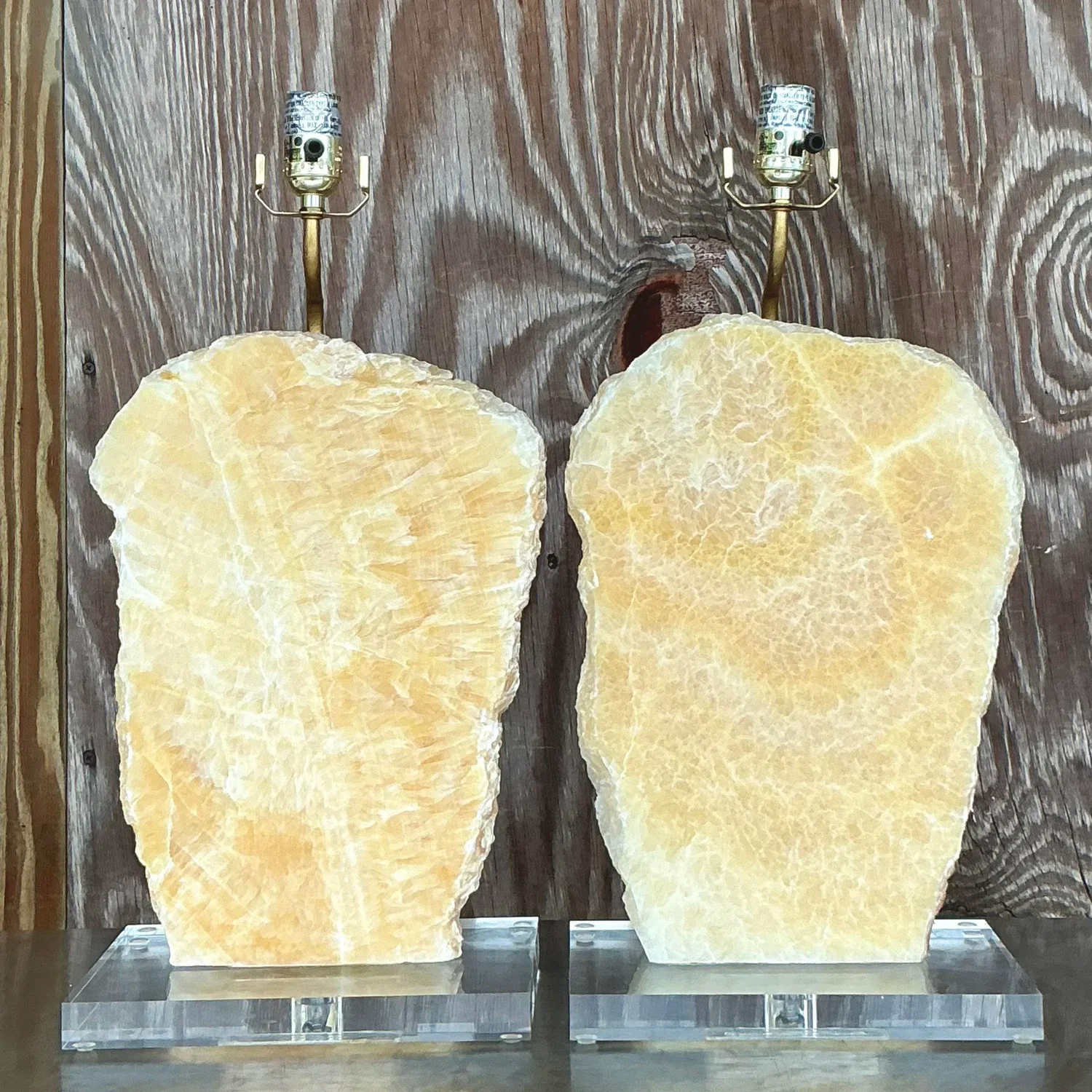 Vintage Boho Stone Slab and Lucite Lamps - a Pair - Top view
