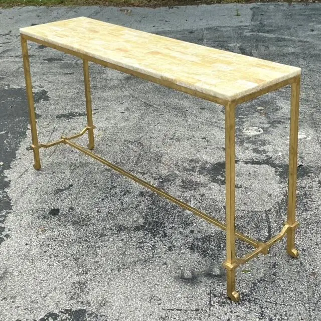 Vintage Boho Stone Top Console Table After Currey and Company - Back view