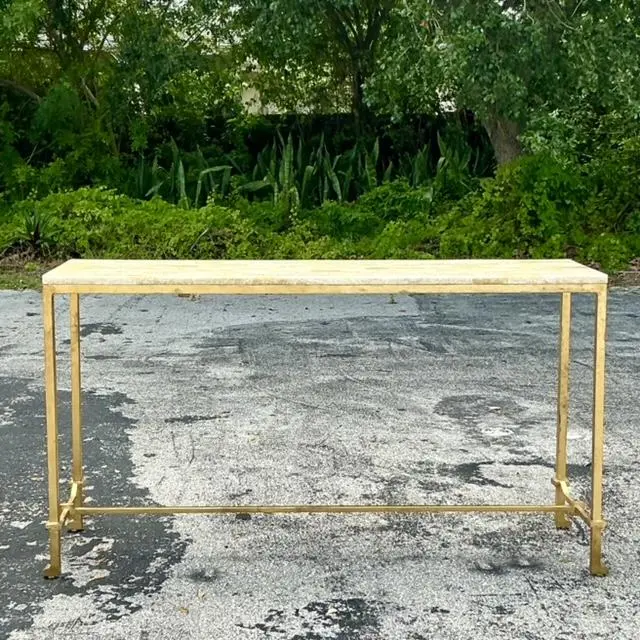Vintage Boho Stone Top Console Table After Currey and Company - Side view