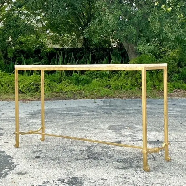 Vintage Boho Stone Top Console Table After Currey and Company - Top view