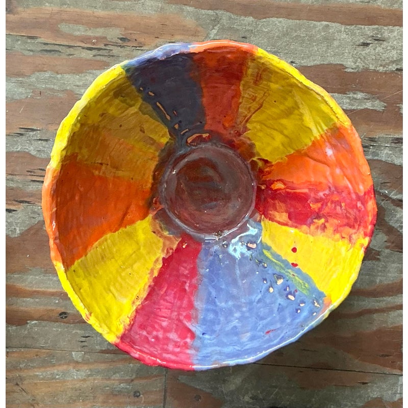 Vintage Boho Striped Studio Pottery Bowl - Top view