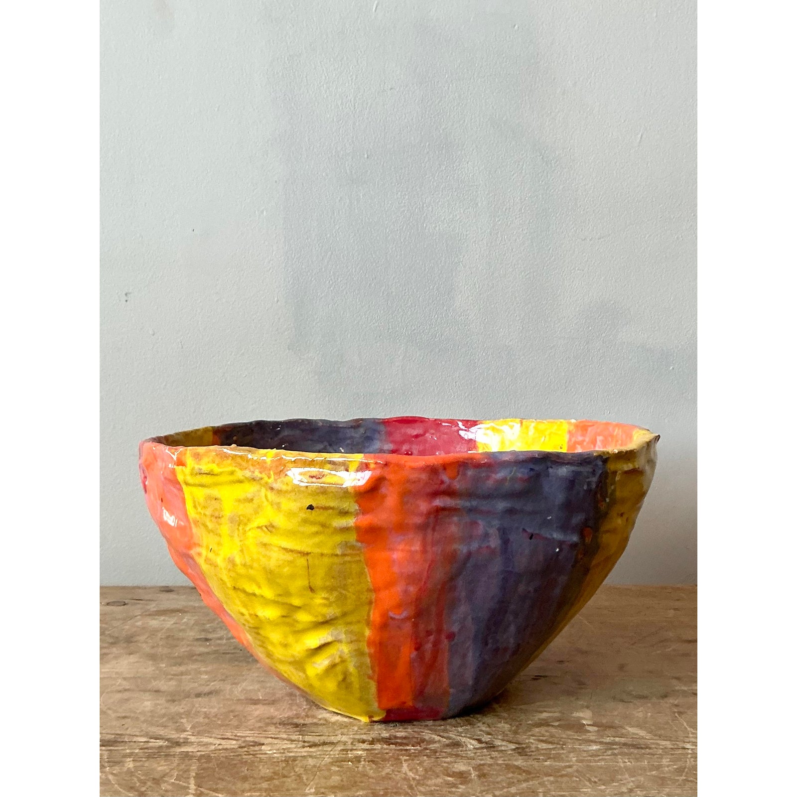 Vintage Boho Striped Studio Pottery Bowl - Side view