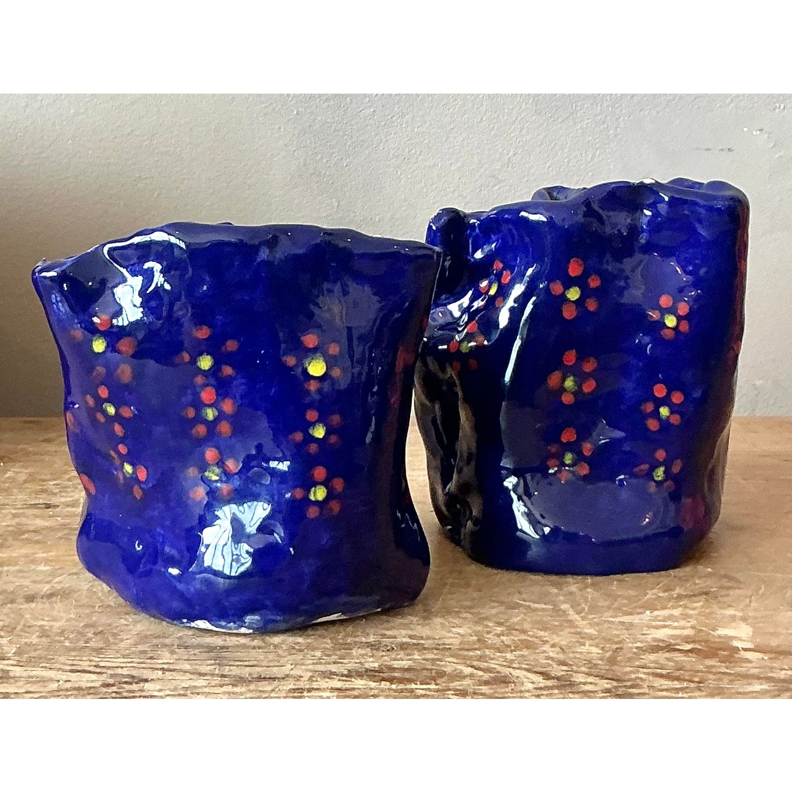 Vintage Boho Studio Pottery Flowers Vase - Set of 2 - Side view
