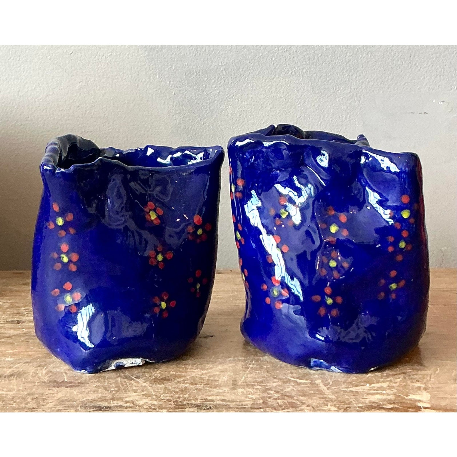 Vintage Boho Studio Pottery Flowers Vase - Set of 2 - Top view