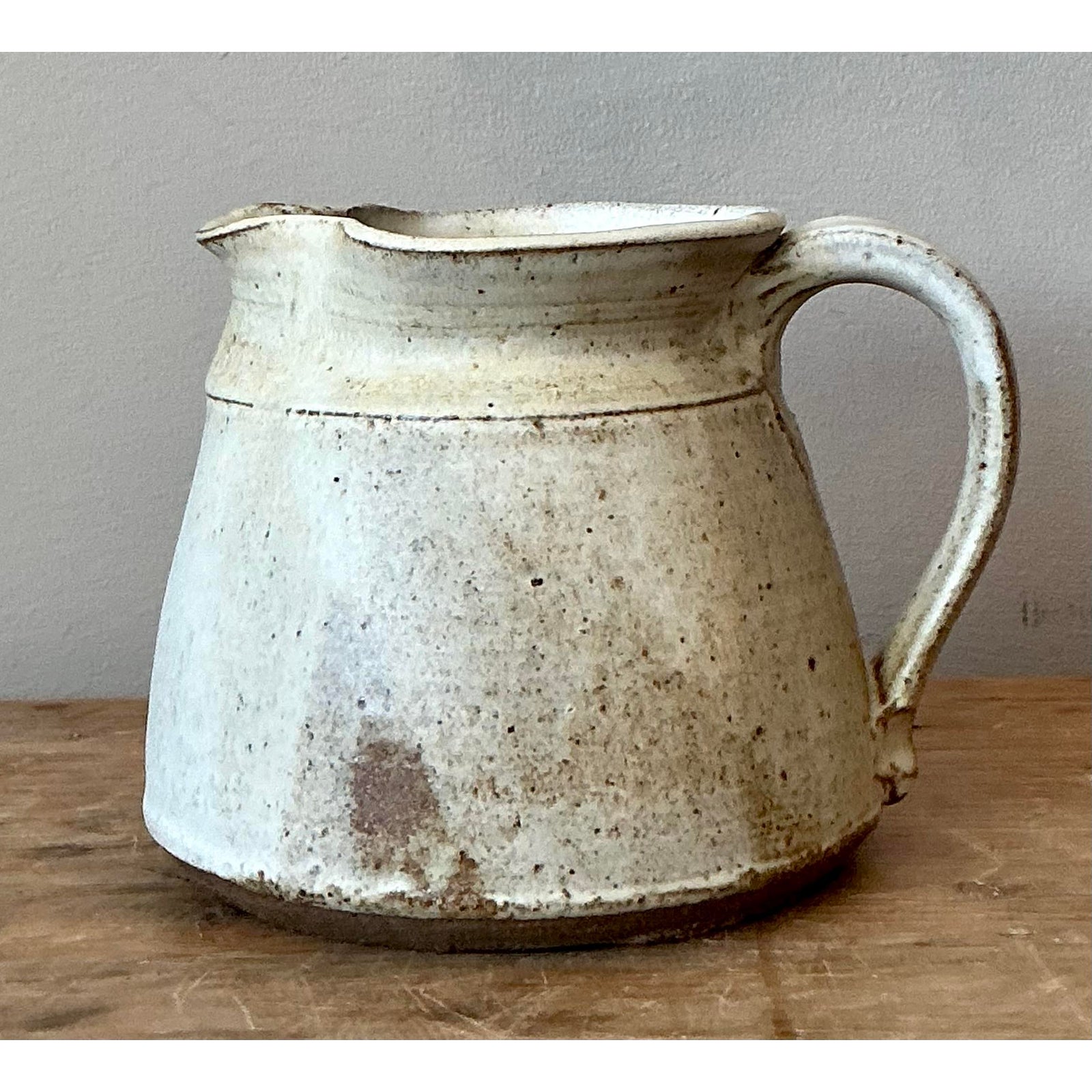 Vintage Boho Studio Pottery Pitcher - Pottery, 7W x 5H - Side view