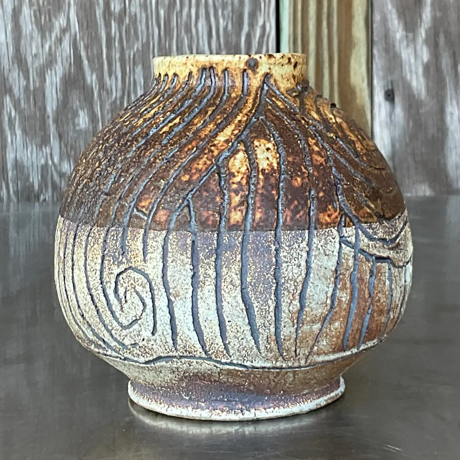 Vintage Boho Studio Pottery Scored Vase - Back view