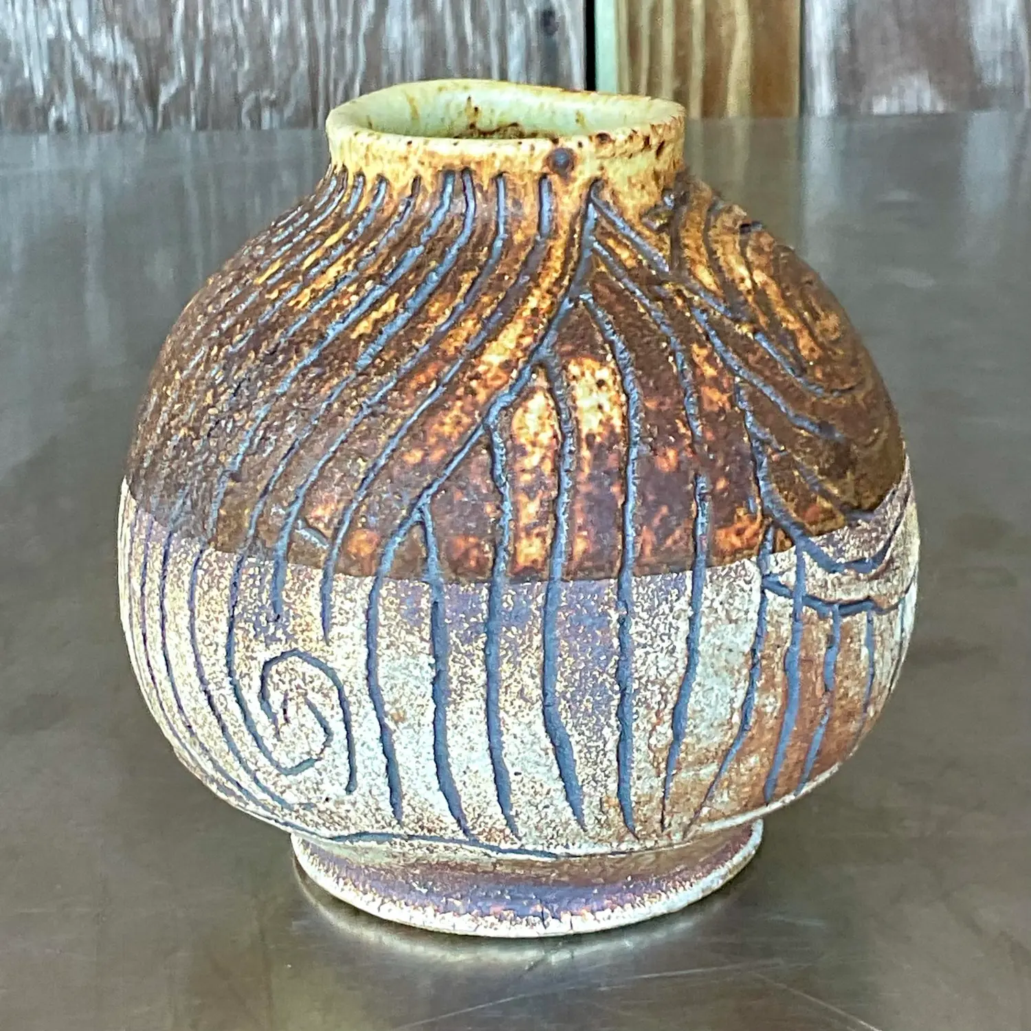 Vintage Boho Studio Pottery Scored Vase - Detail view