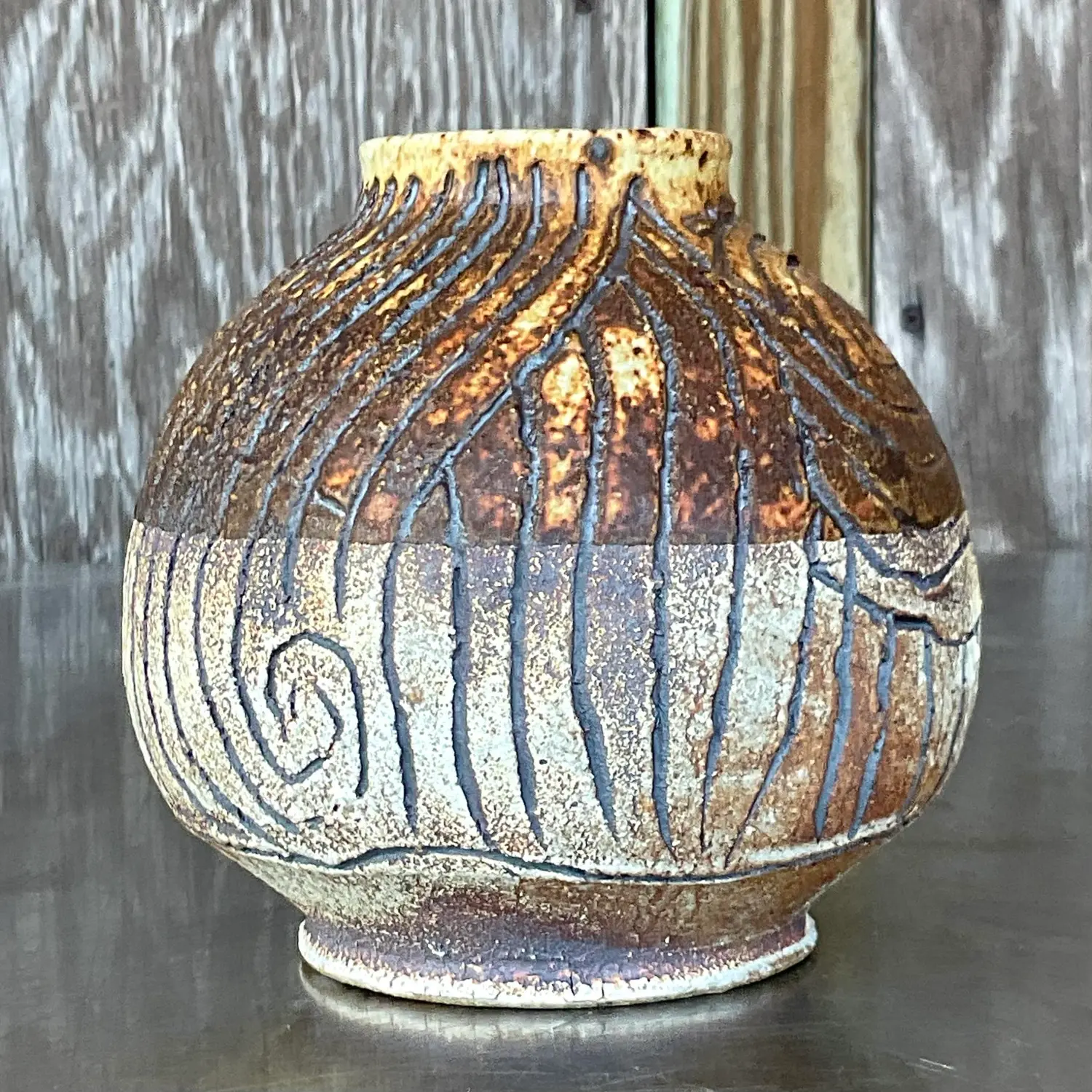 Vintage Boho Studio Pottery Scored Vase - Side view