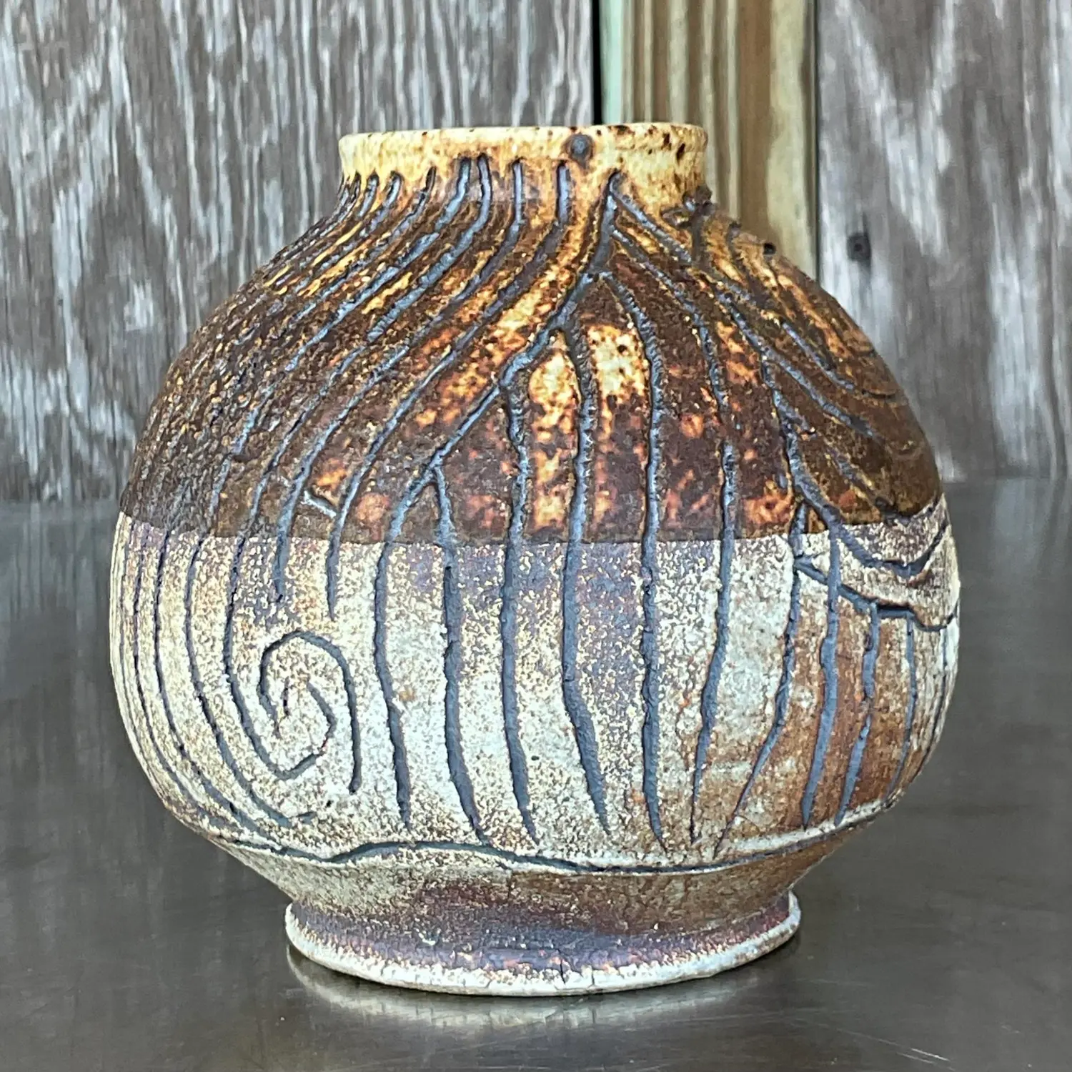Vintage Boho Studio Pottery Scored Vase - Top view