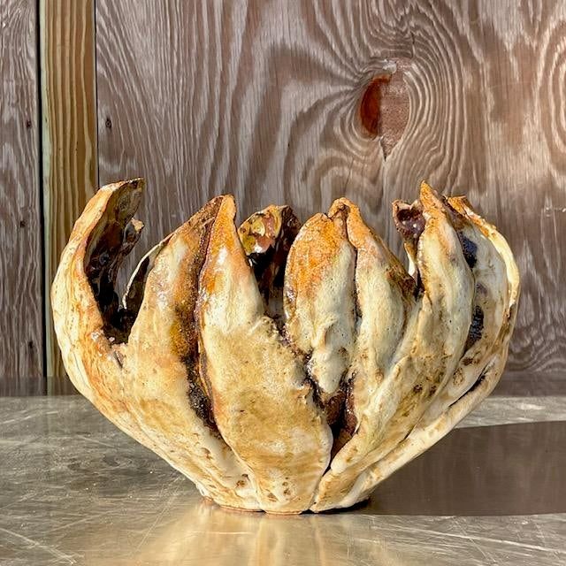 Vintage Boho Studio Pottery Slab Built Flames Bowl - Side view