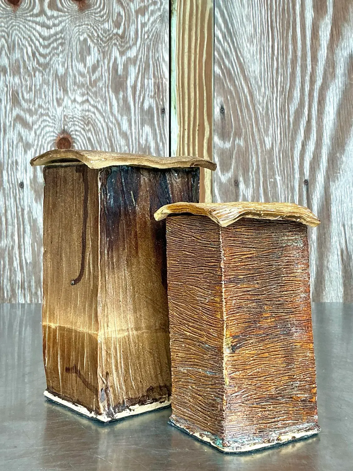 Vintage Boho Studio Pottery Square Lidded Vases - Set of 2 - Back view