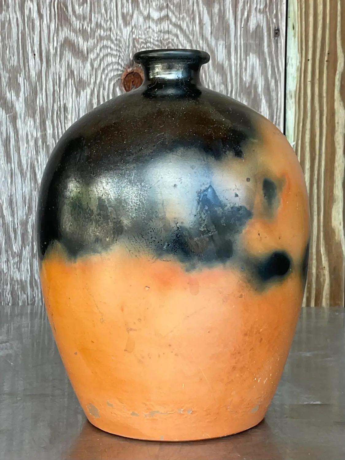 Vintage Boho Suggar Fired Pottery Urn - Top view