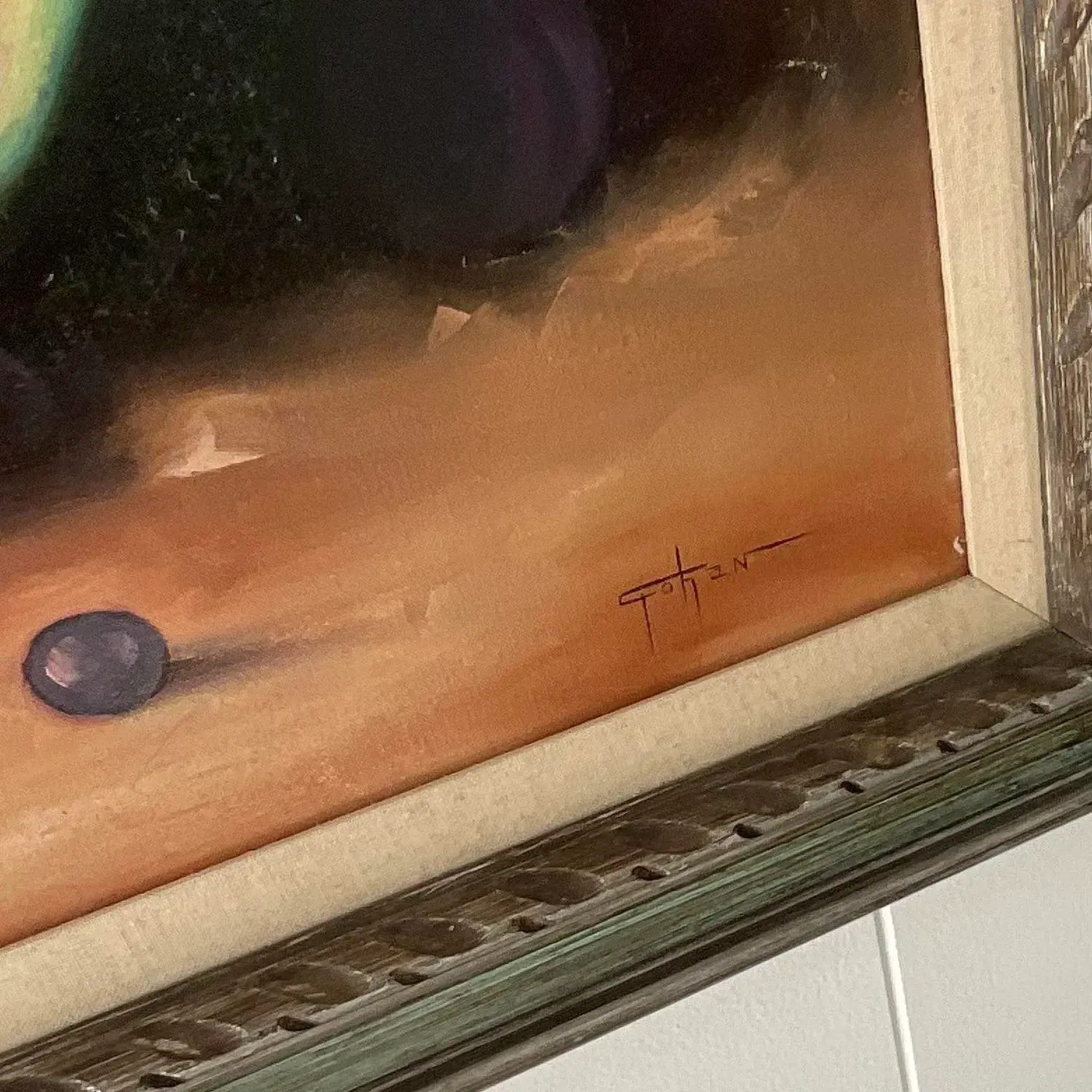 Vintage Boho Tabletop Still Life Signed Original Oil on Canvas - Back view