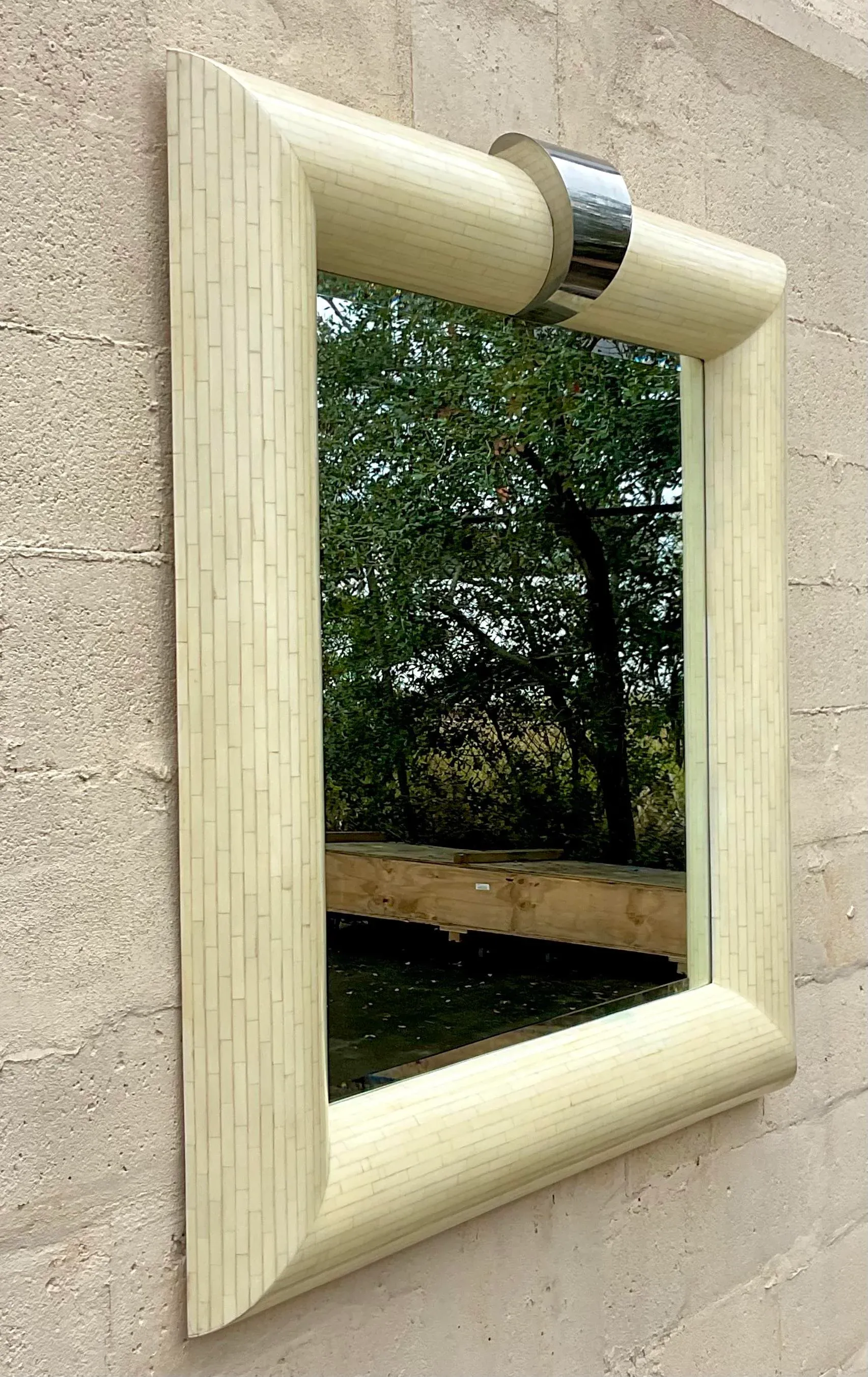 Vintage Boho Tessellated Bone and Chrome Mirror - Back view