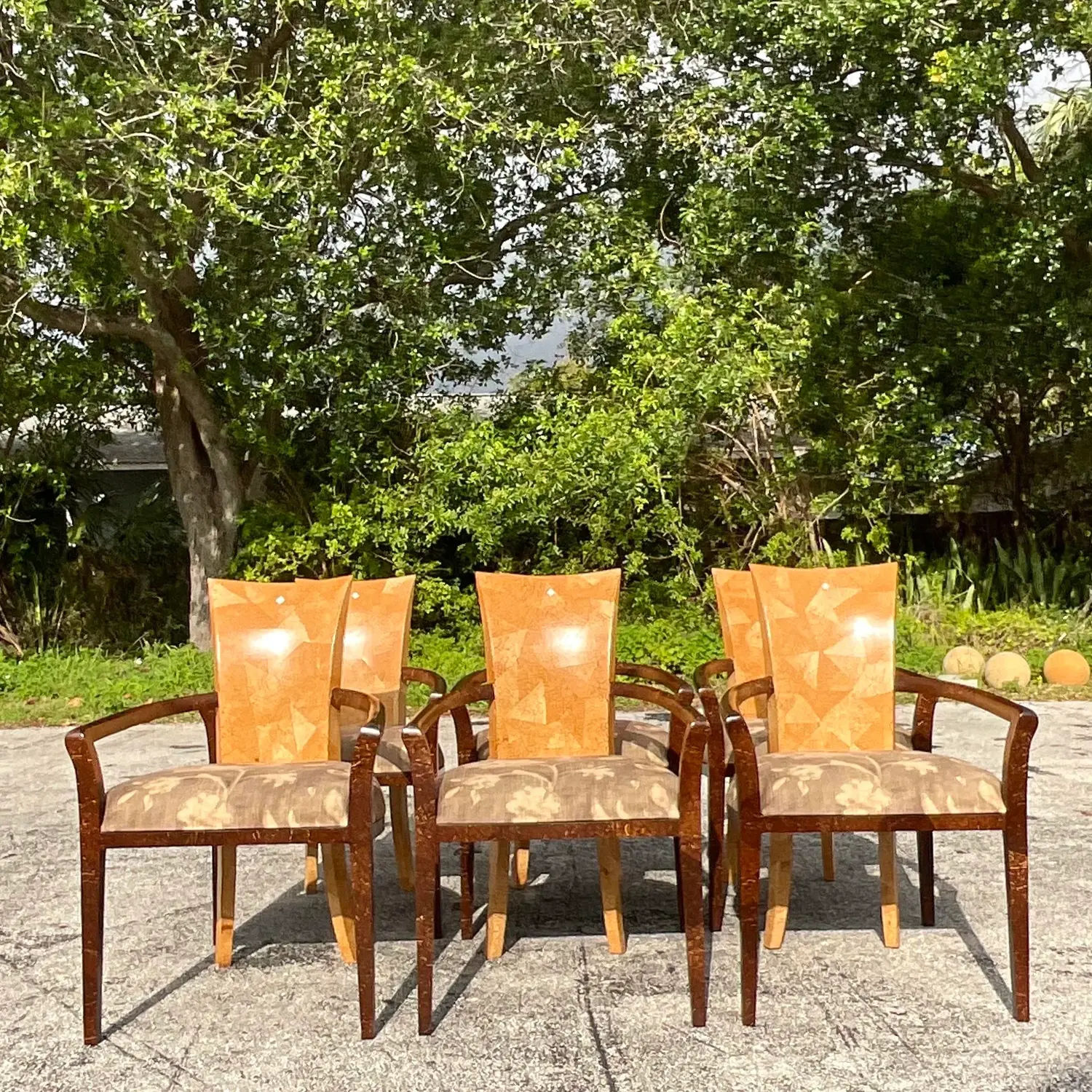 Vintage Boho Tessellated Coconut Shell Dining Chairs - Set of 6 - Detail view