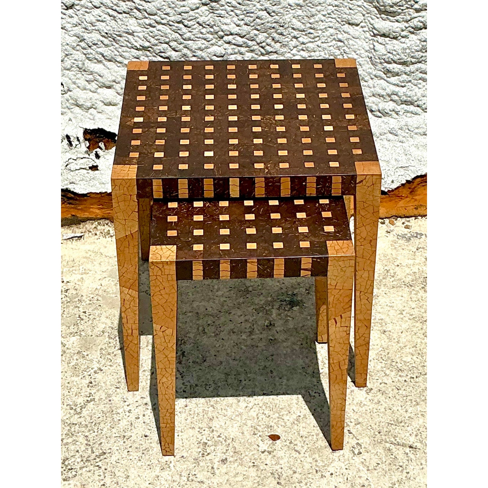 Vintage Boho Tessellated Coconut Shell Nesting Tables - Set of 2 - Back view