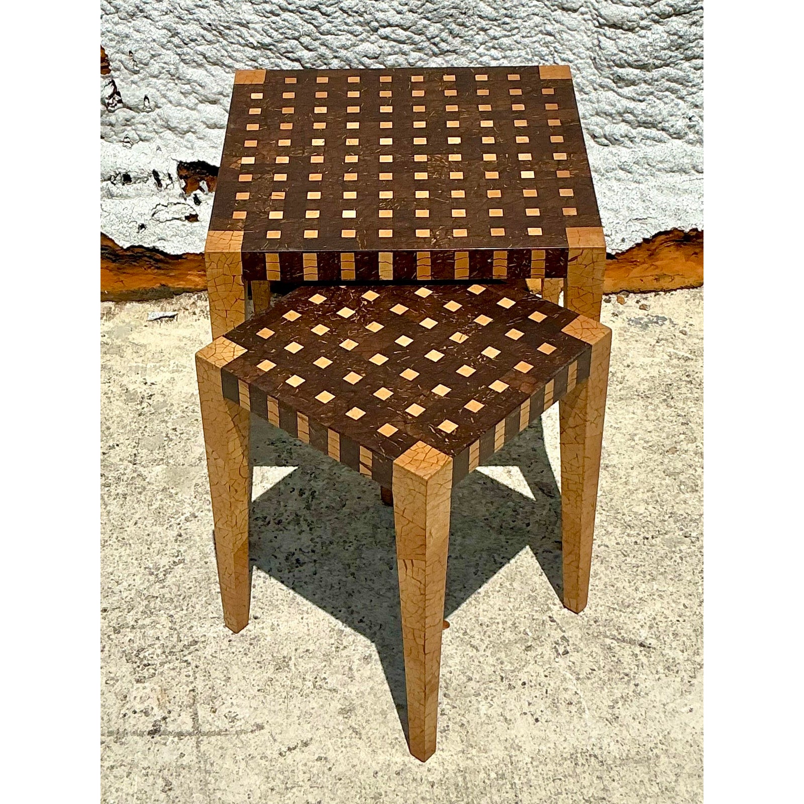 Vintage Boho Tessellated Coconut Shell Nesting Tables - Set of 2 - Top view