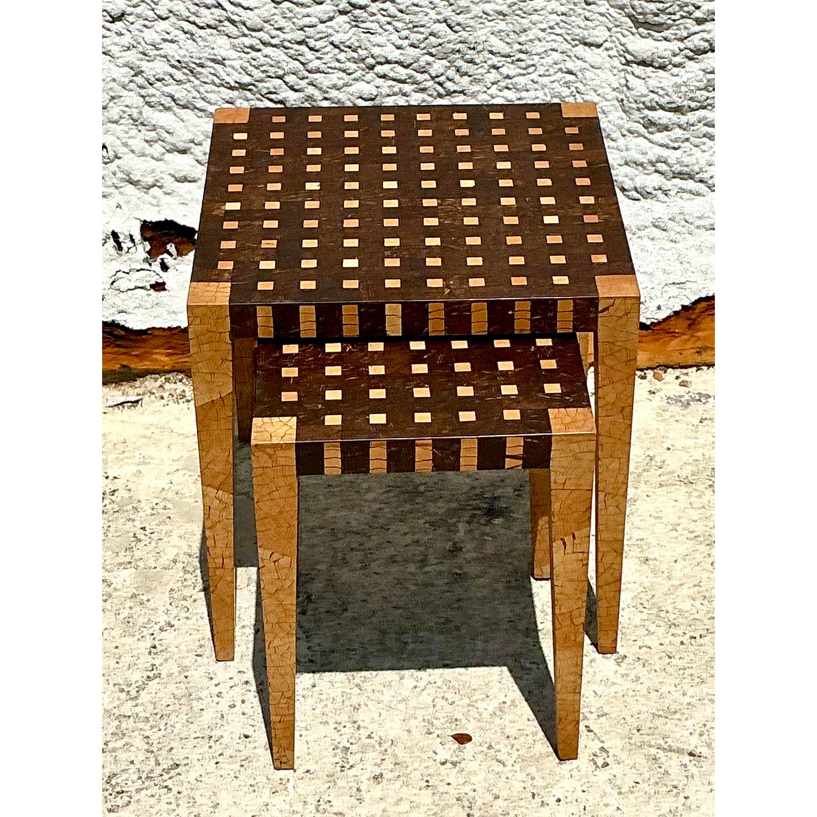 Vintage Boho Tessellated Coconut Shell Nesting Tables - Set of 2 - Side view