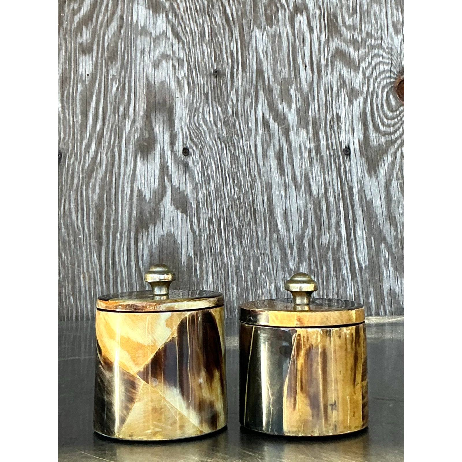 Vintage Boho Tessellated Horn Canisters - A Pair - Side view