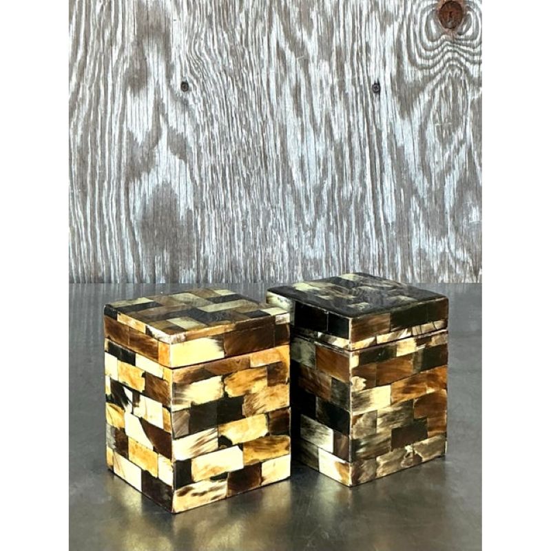 Vintage Boho Tessellated Horn Trinket Boxes - A Pair - Side view