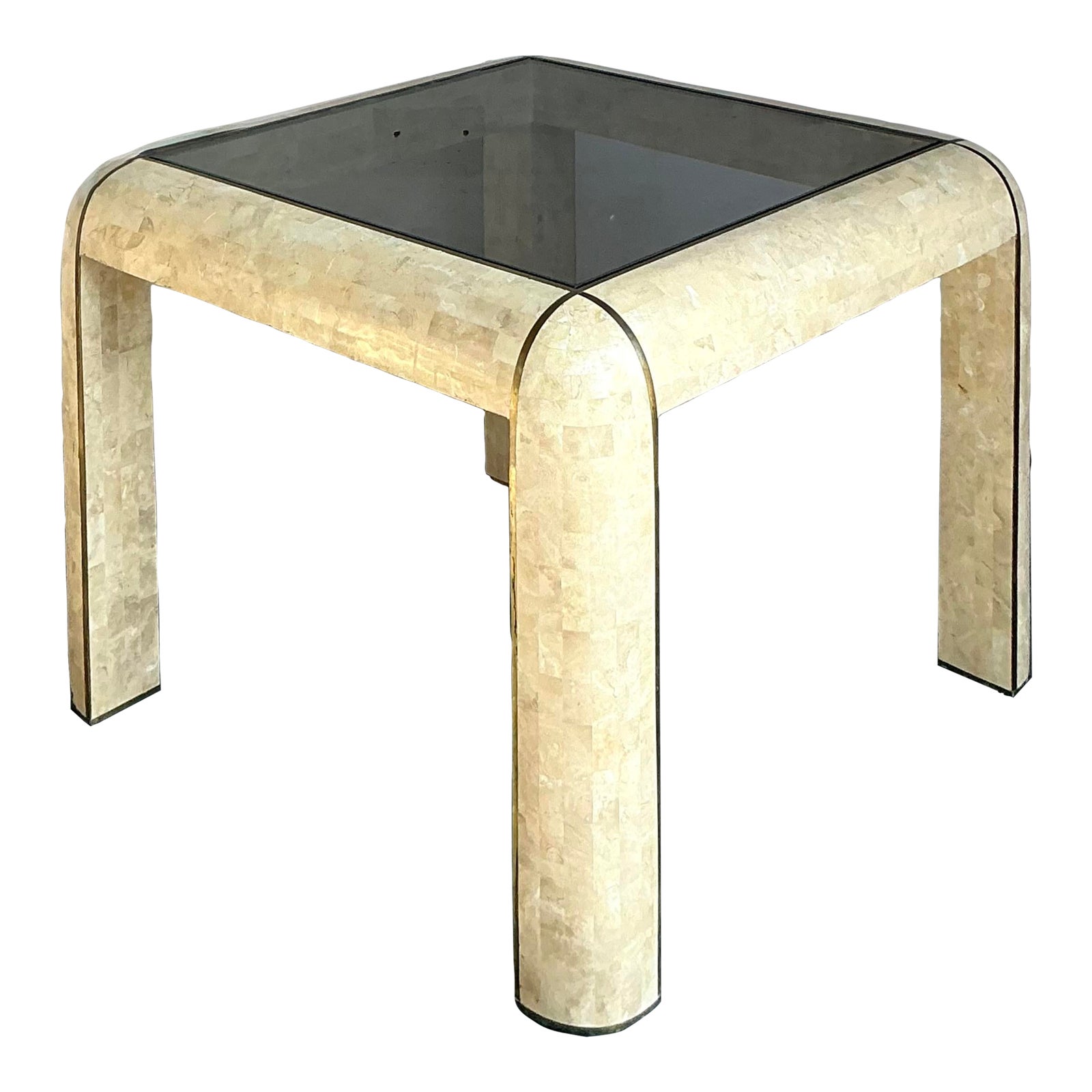 Vintage Boho Tessellated Stone and Brass Inlay Game Table