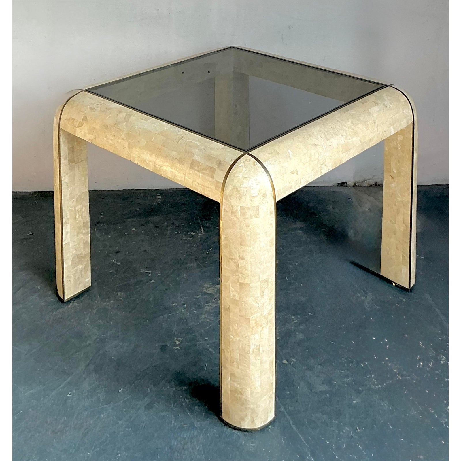Vintage Boho Tessellated Stone and Brass Inlay Game Table - Detail view