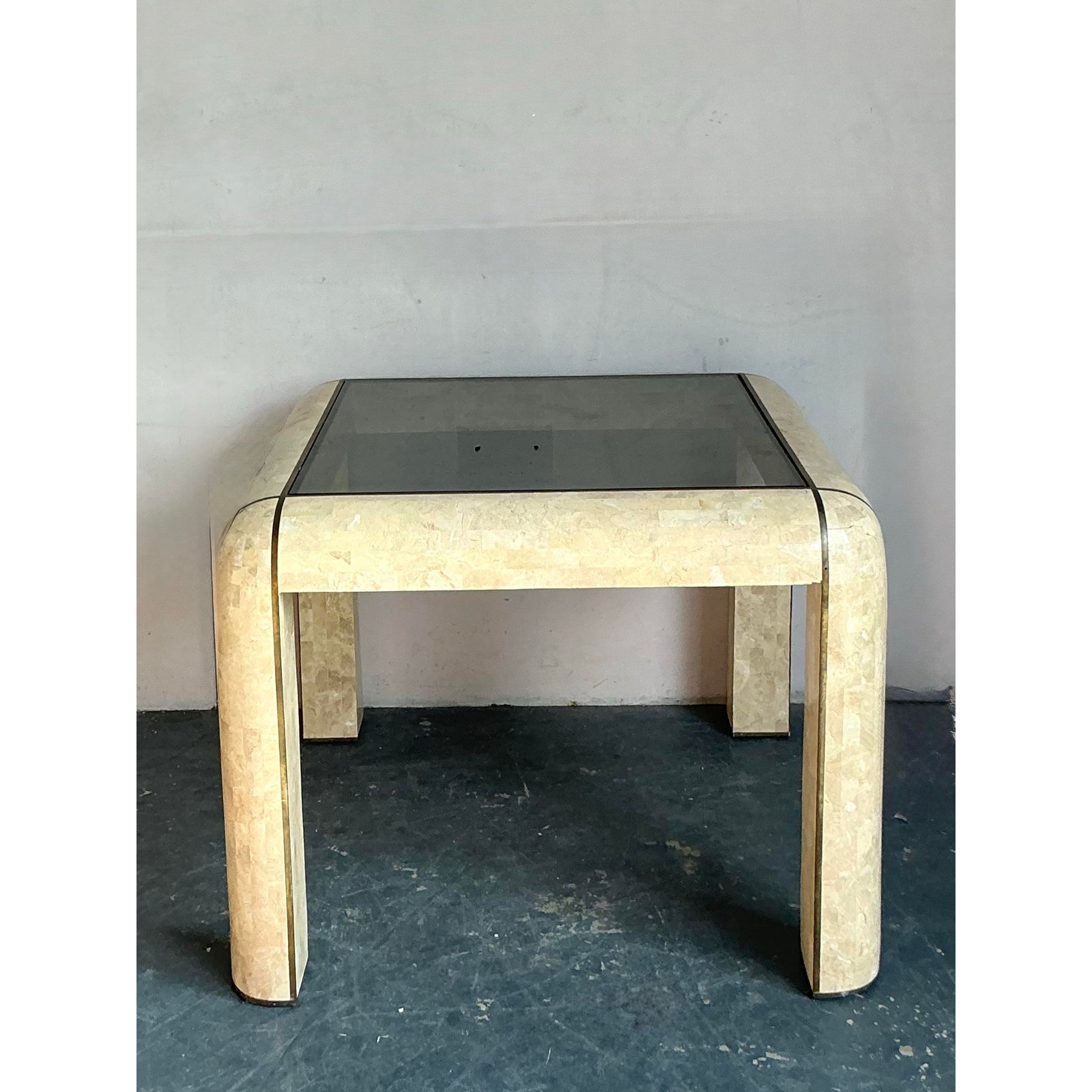 Vintage Boho Tessellated Stone and Brass Inlay Game Table - Back view